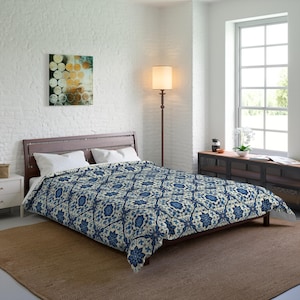Blue Persian Pattern Comforter | Middle Eastern Inspired Cozy Exotic Blanket