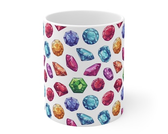 Becher 11 Unzen Diamant Rubin Smaragd Edelstein-Mosaik-Muster Becher, Schmuck-Liebhaber inspirierte Kaffeetasse, einzigartige Edelstein-Themen-Getränkebecher
