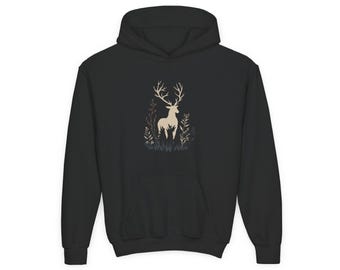 Sudadera con capucha para niños con silueta de ciervo del bosque / Diseño rústico de astas de bosque