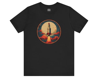 Unisex Jersey T-Shirt Mosaik-Raketenschiff T-Shirt, Weltraum und Himmelsbild-T-Shirt, Kosmos-Mond-Design, Astronomie-Liebhaber-Spitze, einzigartiges galaktisches Art-Shirt