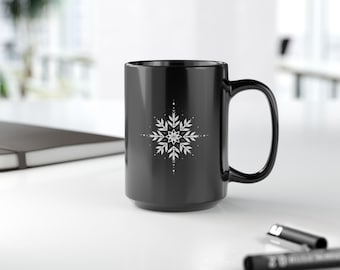 White Snowflake Graphic Mug | Black Ceramic Coffee Mug | Christmas Holiday Vibes Winter Cup
