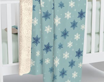 Blue Snowflake Pattern Sherpa Blanket | Winter Holiday Throw | Cozy Fleece Christmas Blanket
