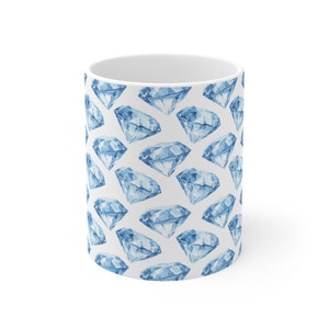 Mug 11oz Blue Diamond Pattern Jewelry Art Mug, Aesthetic Ceramic Coffee Cup, Unique Gift Idea, Stylish Home Decor