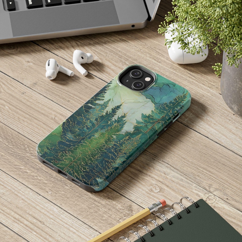 Stained Glass Emerald Forest Phone Case | Pine Trees, Watercolor Mountain image 6