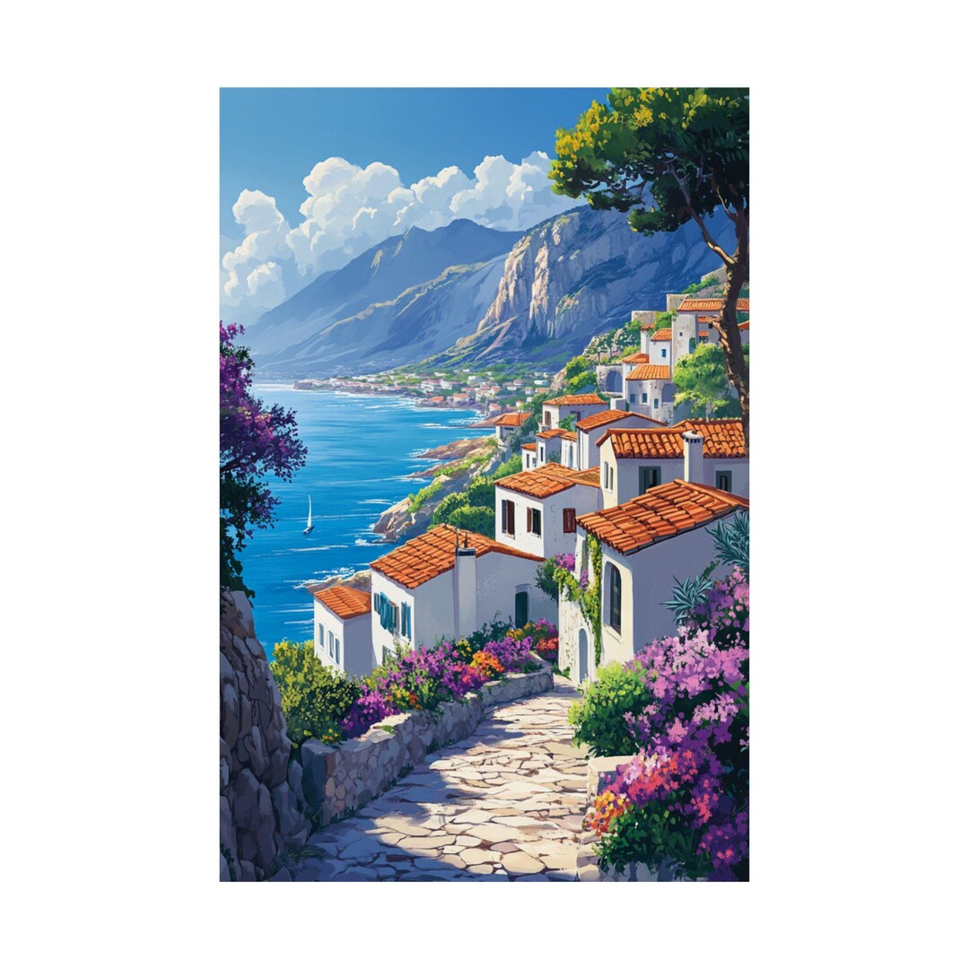 Mediterranean Seaside Village Art Print, Coastal Landscape Poster - Etsy