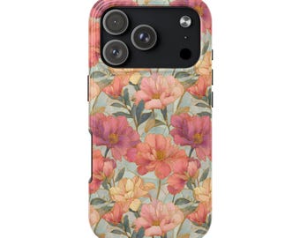 Stained Glass Pink Peony Watercolor Floral Tough Phone Case | Rose Pattern | For Samsung iPhone 12 14 15 16 17 Plus Pro