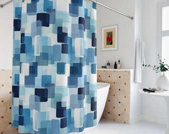 Blue Geometric Blocks Shower Curtain | Abstract Mid-Century Modern Pattern