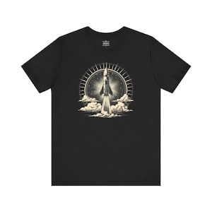 Unisex Jersey Tee Black and White Rocket Ship Space T-Shirt, Astronaut Spacecraft Clothing, Outer Space Themed Apparel, Cosmic Fashion