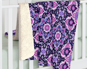 Sherpa Fleece Blanket Persian Geometric Floral Pattern, Exotic Middle Eastern Design, Cozy Throw Blanket, Unique Decorative Home Accent