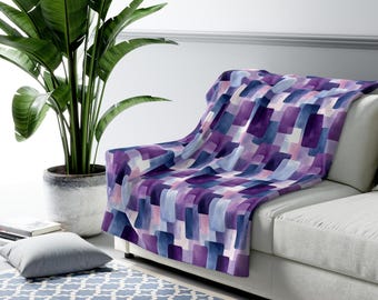 Manta Sherpa con estampado geométrico de acuarela / Cuadrados abstractos morados y azules