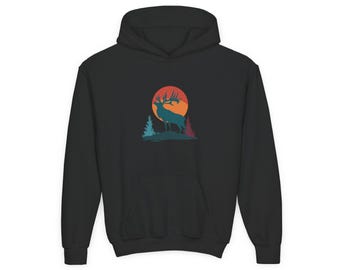 Sudadera con capucha para niños y jóvenes con silueta de ciervo y atardecer