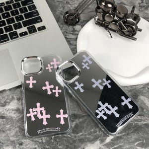 Étui de téléphone miroir avec croix gothique argentée, étui de téléphone de luxe avec décoration raffinée, cadeaux pour hommes, cadeaux pour femmes, iPhone 16 15 14 13 12 Pro Max