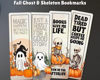 Herbst Halloween Doppelseitiges Lesezeichen Set - Gruselige süsse Lese Zitate - Geister Skelett Kürbis Buch Liebhaber Geschenk - Herbstliche literarische Lesezeichen