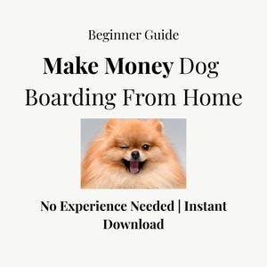 May include: A cream-colored graphic with the text "Beginner Guide" and "Make Money Dog Boarding From Home." A smiling, winking Pomeranian dog is in the center. The text "No Experience Needed | Instant Download" is below.