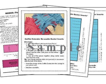 May include: A stack of printed instructions for making Swiffer Extender Re-usable Duster Inserts. The instructions include diagrams and directions for cutting and sewing fleece fabric. The image also shows examples of the finished product.