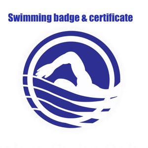 May include: Blue and white logo with a swimmer in a circle. The text "Swimming badge & certificate" is above the logo.