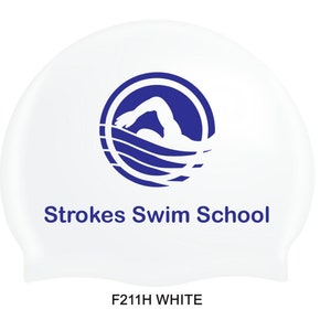 May include: White silicone swimming cap with a blue logo of a swimmer in a circle with the text "Strokes Swim School" and the code "F211H WHITE" printed below.