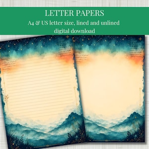 May include: Two sheets of stationery featuring a watercolor mountain landscape with a dark blue starry sky and a light cream center. One sheet is lined and the other is unlined. Text at the top reads: LETTER PAPERS A4 & US letter size, lined and unlined digital download.