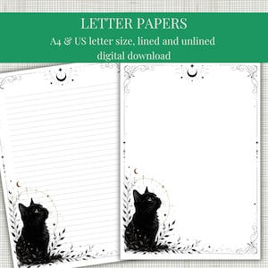 May include: Two sheets of letter paper featuring a black cat illustration, celestial moon and star motifs, and decorative foliage borders. The text reads: LETTER PAPERS, A4 & US letter size, lined and unlined digital download.