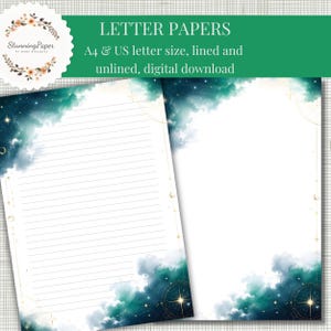May include: Two sheets of digital letter paper featuring a dark teal watercolor cloud design with gold celestial accents, stars, and compass motifs. One sheet is lined and the other is unlined. Text reads: LETTER PAPERS A4 & US letter size.