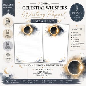 May include: Digital writing paper titled Celestial Whispers featuring a watercolor solar eclipse design with gold and dark blue clouds. The set includes two PDF files in A4 and US Letter formats, with both lined and unlined page options available.