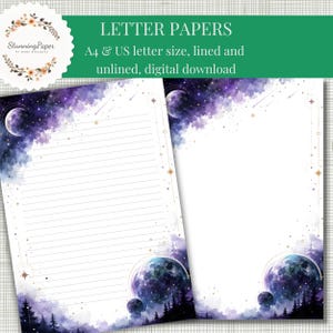 May include: Two sheets of digital letter paper featuring a celestial theme with purple watercolor clouds, moons, and stars. One sheet contains horizontal lines for writing, while the other is blank. The text reads: LETTER PAPERS A4 & US letter size, lined and unlined, digital download.