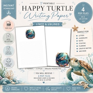 Könnte beinhalten: "Happy Turtle" Schreibpapier zum Ausdrucken in A4- und US-Letter-Größe. Enthält linierte und unlinierte Formate. Das Design zeigt eine Aquarell-Schildkröten-Illustration und eignet sich für Briefe, Notizen und kreatives Schreiben.