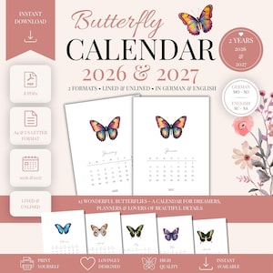 Könnte beinhalten: Digitaler Schmetterlingskalender für 2026 und 2027. Der Kalender zeigt Aquarell-Illustrationen von Schmetterlingen und ist in linierten und unlinierten Formaten erhältlich. Enthält den Text "Butterfly Calendar 2026 & 2027".