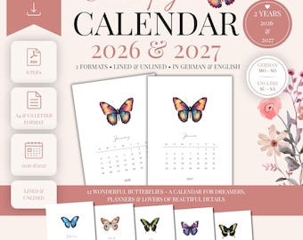 Printable Calendar 2026 2027 PDF | Butterfly Calendar | A4 & US Letter | Monday–Sunday and Sunday–Saturday | Digital Download