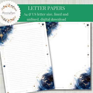 May include: Two sheets of digital stationery featuring a celestial theme with a dark blue watercolor nebula, gold stars, and a view of Earth from space. One sheet is lined and the other is unlined, both with white backgrounds and gold accents.