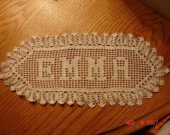 Custom Crochet NAME DOILY  up to 8 Letters -- Choice of Letters  and Color  Heirloom quality