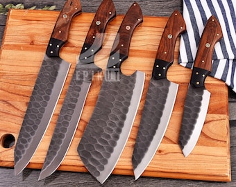 D2 Steel Chef Set, Hand Forged Damascus Chef Set, Damascus Chef Knife, Kitchen Knife, Handmade Damascus Steel BBQ Knife Set Gift MEN