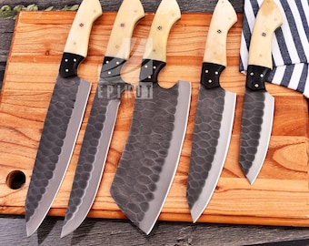 D2 Steel Chef Set, Hand Forged Damascus Chef Set, Damascus Chef Knife, Kitchen Knife, Handmade Damascus Steel BBQ Knife Set Gift MEN