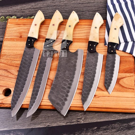 D2 Steel Chef Set, Hand Forged Damascus Chef Set, Damascus Chef Knife, Kitchen Knife, Handmade Damascus Steel BBQ Knife Set Gift MEN