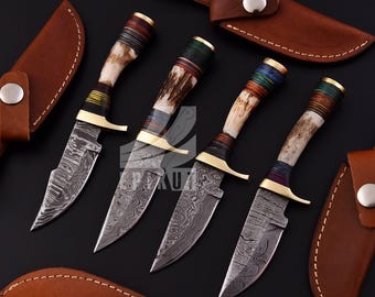 Custom Handmade Damascus Steel 6" Stag Antler Handle Knife With Sheath Personalized Gift for Men, Pocket knife Gift for Anniversary Birthday