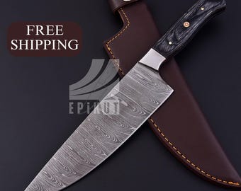 Handmade Damascus Chef Knife: Wood & Steel Bolster, Leather Sheath