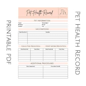 Pet Health Record for Veterinarian Vaccinations, Flea & Tick Prevention, and Procedures Printable
