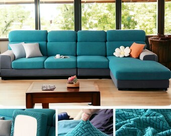 Teal Blue Elastic Sofa Cushion SlipCovers | Sofa Cover for pets | Non-Slip SlipCover | Fitted Sofa cover | Stretchy Cushion Cover