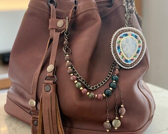 Rainbow Moonstone Beaded Bag Charm, Beaded Purse accessory, Boho Luxe, Gift for Her