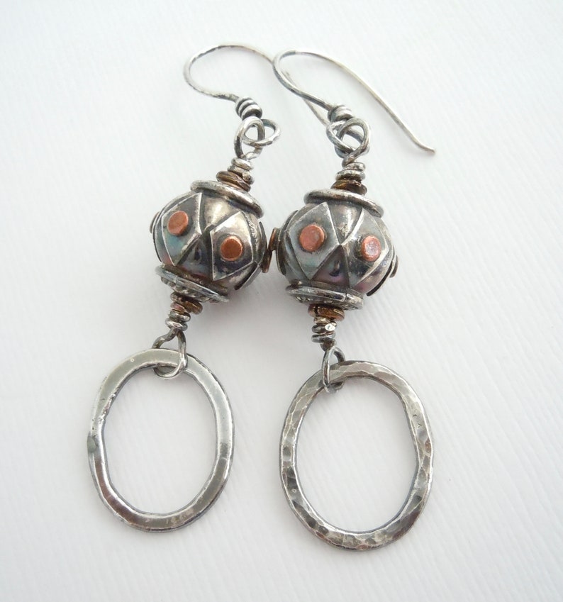 Long Silver Earrings Rustic Silver Silver Beaded Silver Bead Patina Shaded Hoops Earrings Copper Accent Ladies Gift Earrings