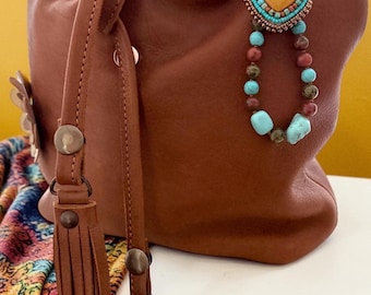 Beaded Bag Charm, Purse Charm, Turquoise Western Boho Accessory, Artisan Jewelry, Gift for Her