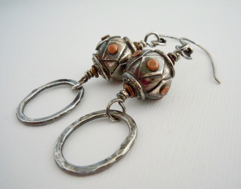 Long Silver Earrings Rustic Silver Silver Beaded Silver Bead Patina Shaded Hoops Earrings Copper Accent Ladies Gift Earrings