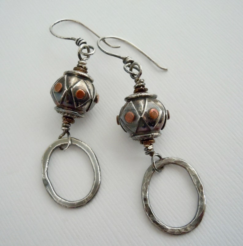 Long Silver Earrings Rustic Silver Silver Beaded Silver Bead Patina Shaded Hoops Earrings Copper Accent Ladies Gift Earrings