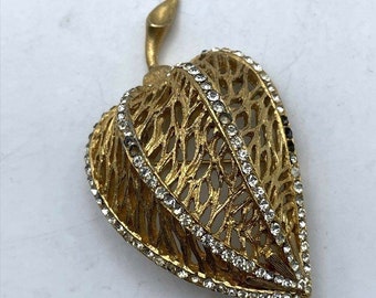 Vintage B.S.K. Gold Tone & Rhinestones Open Design 3D Leaf Brooch. Missing 4 rhinestones.