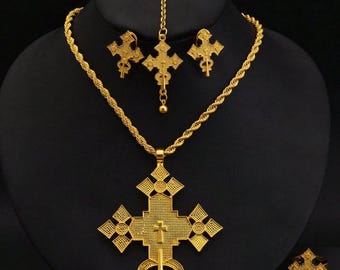 1 set/4 stks Ethiopische/Eritrese sieradenset: ketting, oorbel, hoofdketting, ring;