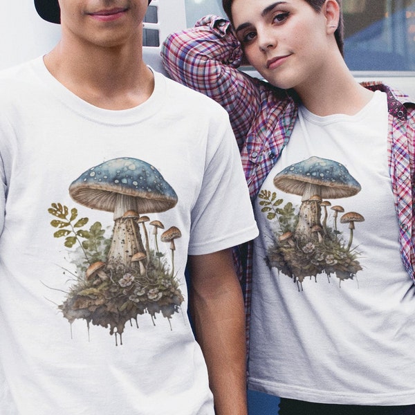 Blue Mushroom T-Shirt, Mushroom Forest, Mycologist, Vintage Botanical Illustration, Retro Plant Drawing, Fairycore, Cottagecore, Grunge