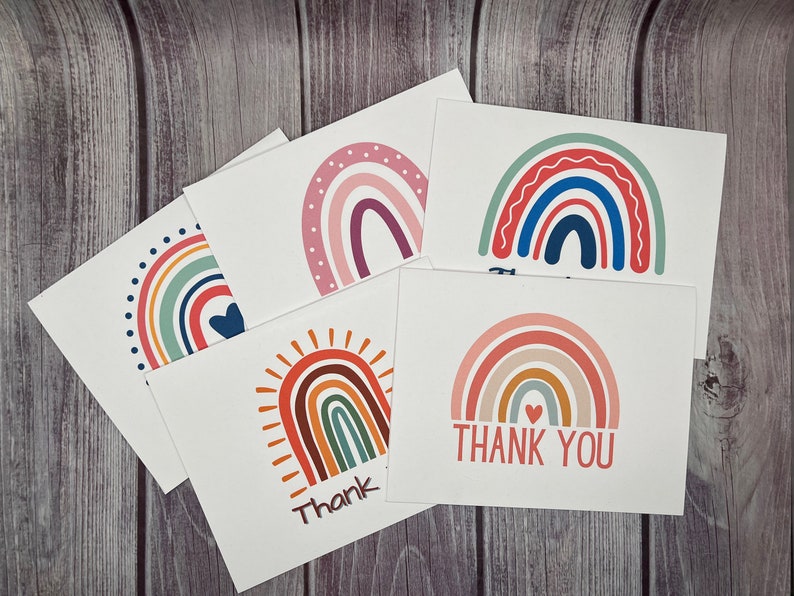 Rainbow Thank YOU Cards Set of 5, 10 or 20 with envelopes zdjęcie 1