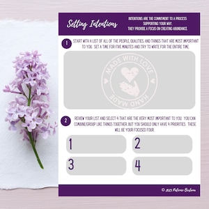 May include: A printable worksheet with instructions for setting intentions. The worksheet has a purple background with a white circle in the center. The circle contains the text "Made with Love" and a hand-drawn heart. The worksheet also has a section for listing four important things.