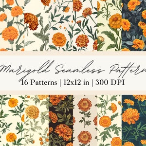 May include: A collection of 16 marigold seamless patterns. The designs feature vibrant orange marigold flowers with green leaves on various backgrounds, including cream, navy, and light blue. The text reads "Marigold Seamless Pattern" and "12x12 in | 300 DPI".