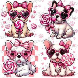 Puede incluir: Cuatro bulldogs franceses de dibujos animados con gafas de sol rosas en forma de corazón y lazos. Cada perro sostiene una piruleta rosa y blanca. El fondo incluye corazones, huellas de patas y un patrón de cuadros.